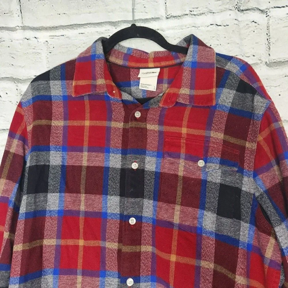 THE NORTH FACE Mens Button Down Plaid Blue Red Flannel Shirt Large Long Sleeve